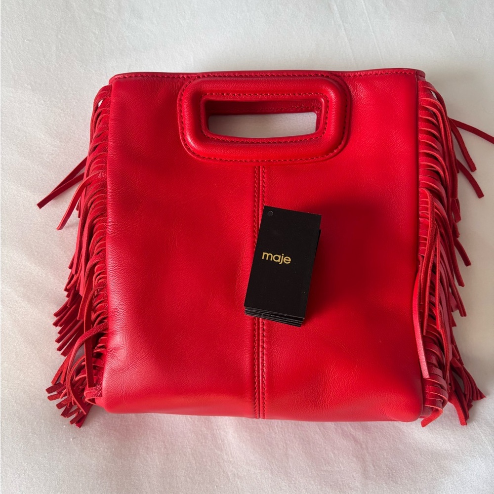 Maje Red Leather Fringe Tote Purse NWT